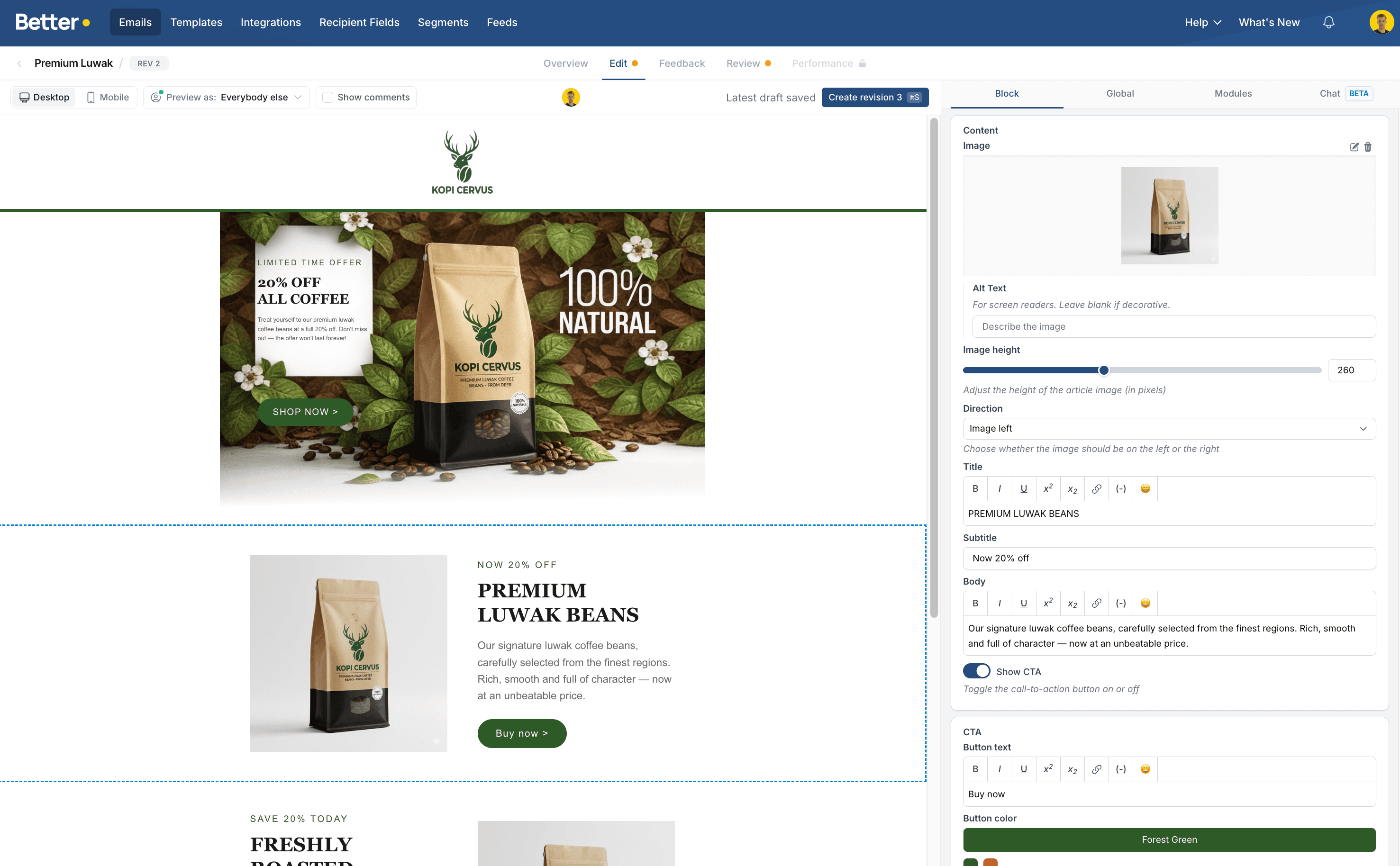 The Better Email visual editor: an email built from modules, with the selected module's image, content, and CTA settings open in the panel on the right